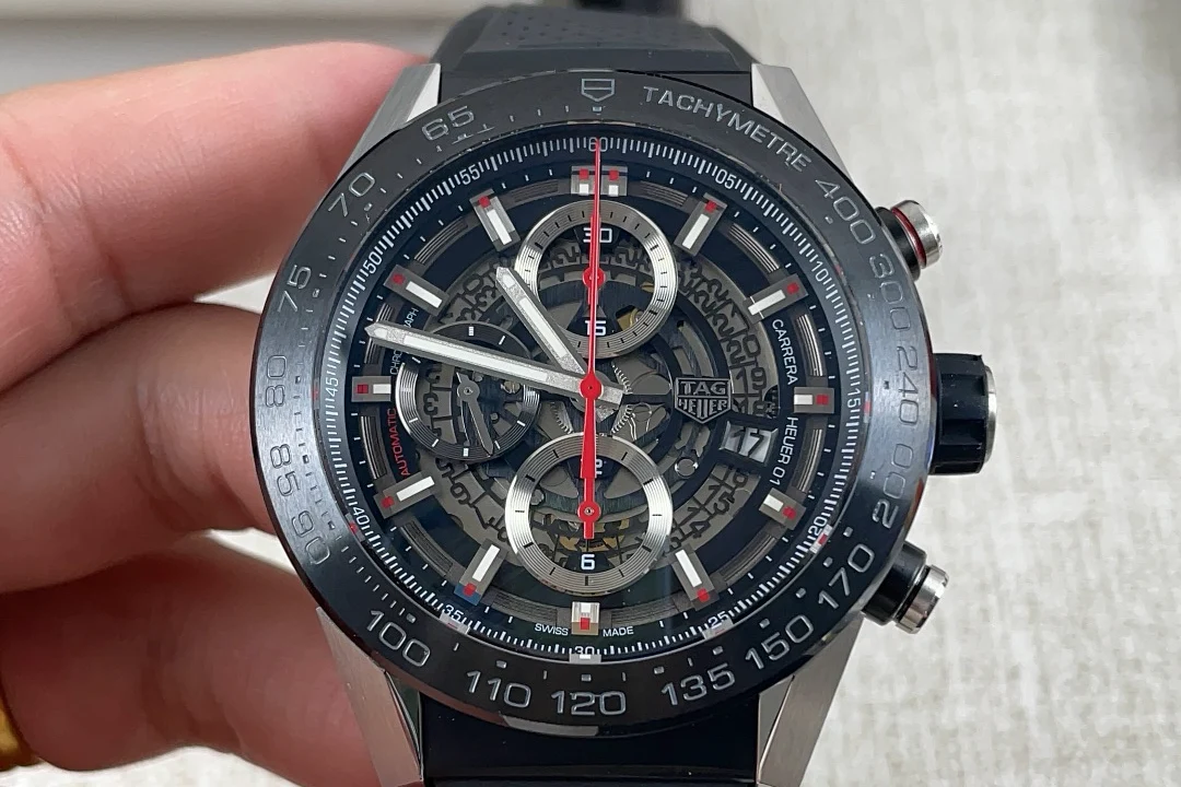 A macro shot of an XF Factory Tag Heuer Carrera dial